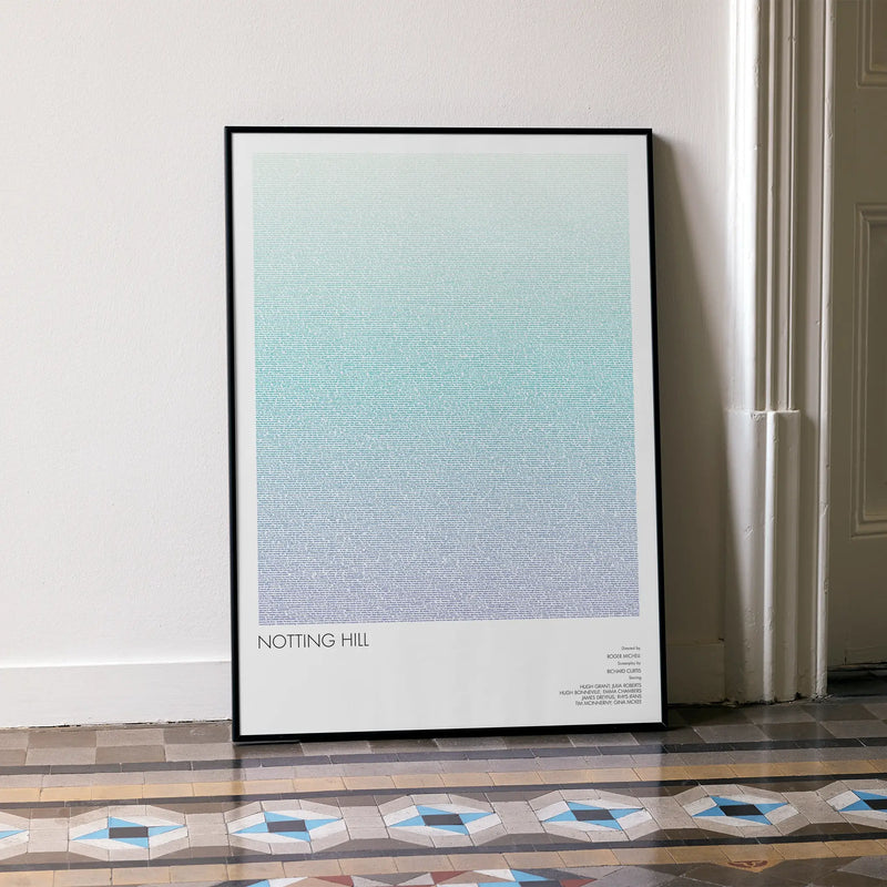 A framed Notting Hill movie script poster leaning against a wall in a minimalist interior.