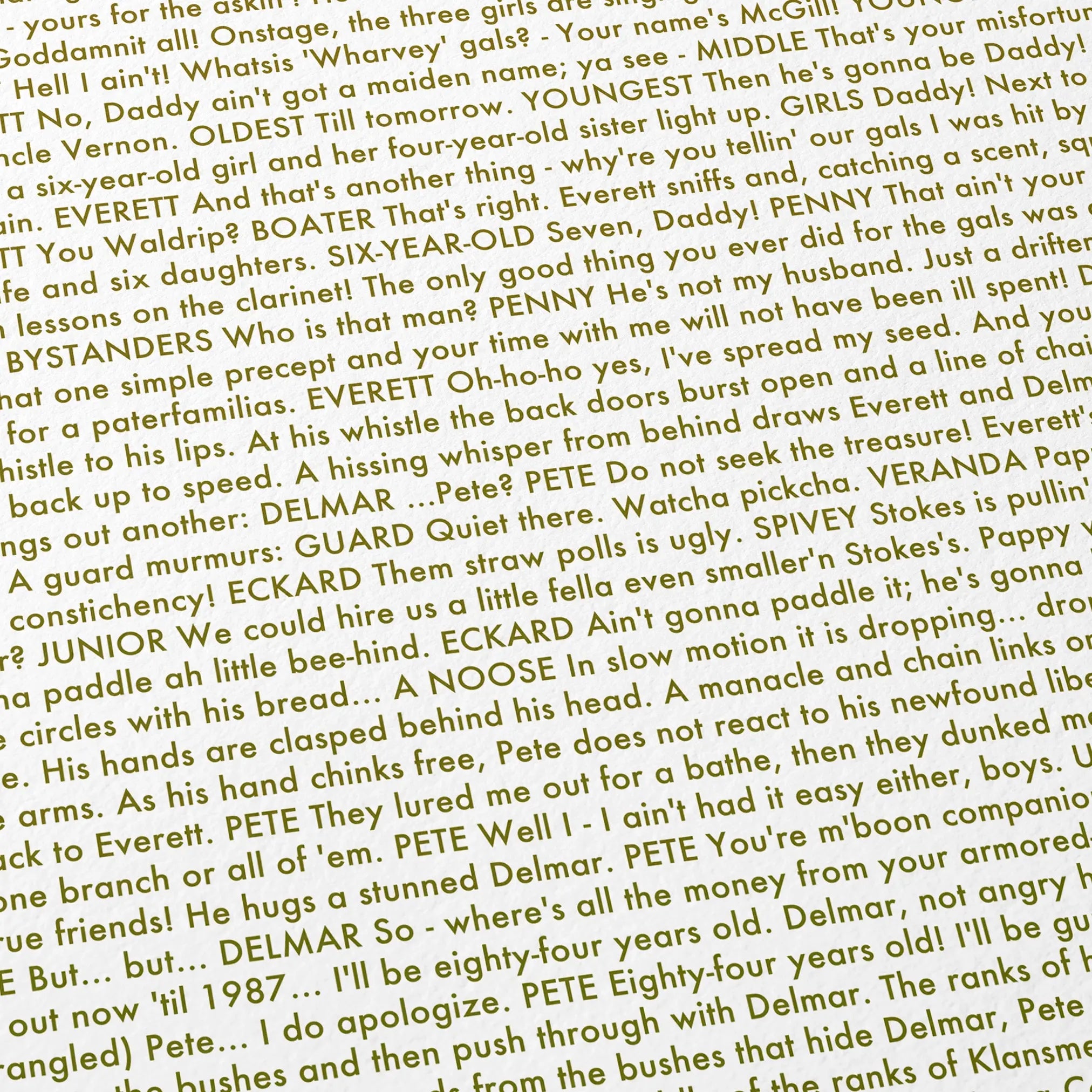 Close-up detail of the O Brother, Where Art Thou? movie script poster showing dense typographic text.