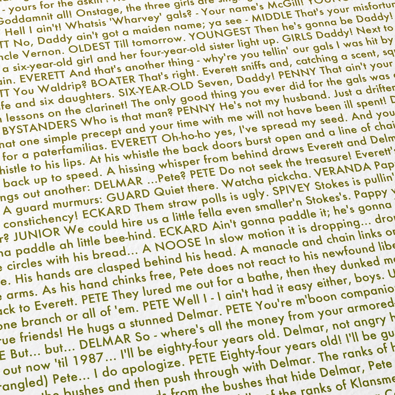 Close-up detail of the O Brother, Where Art Thou? movie script poster showing dense typographic text.