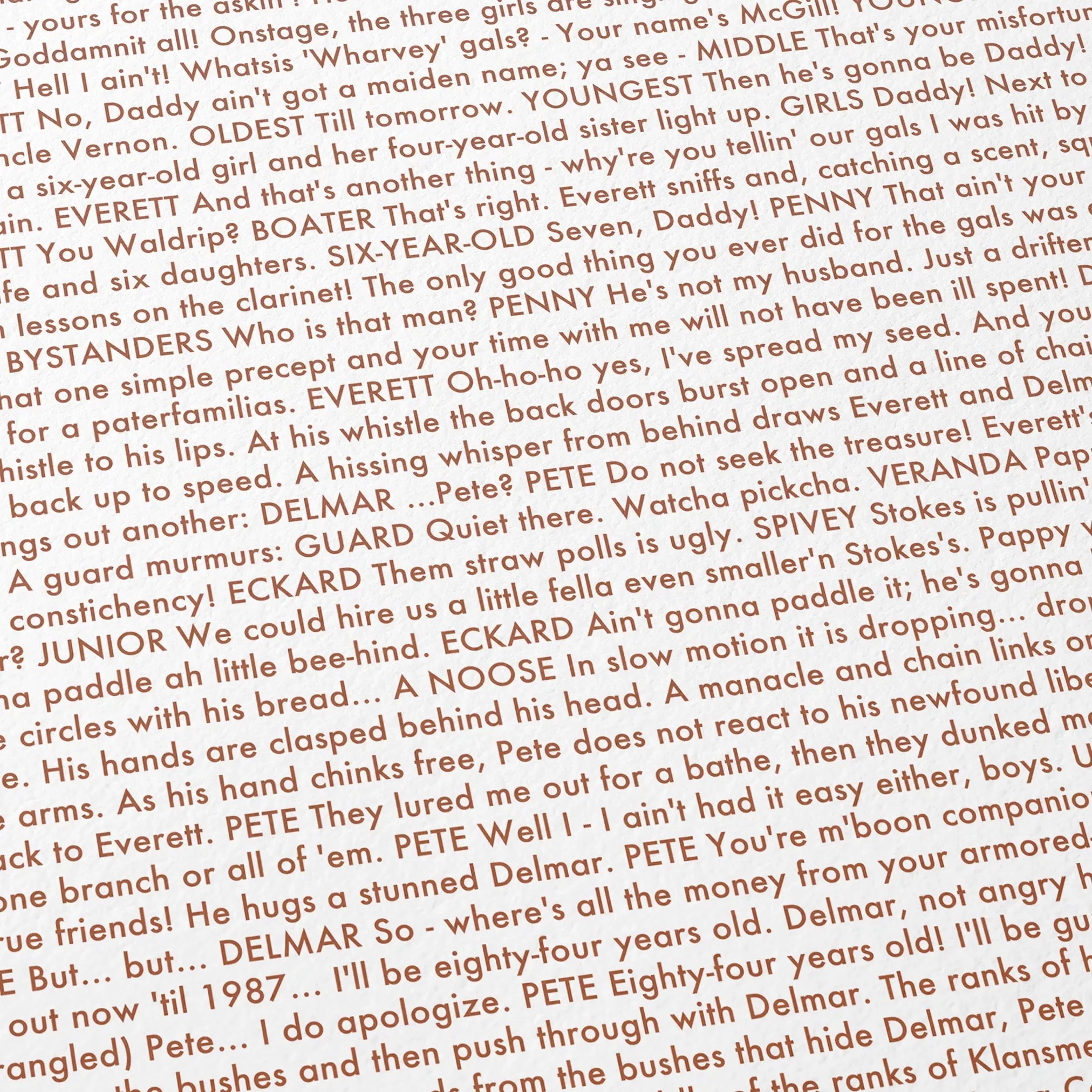 Close-up detail of the O Brother, Where Art Thou? movie script poster showing dense typographic text.