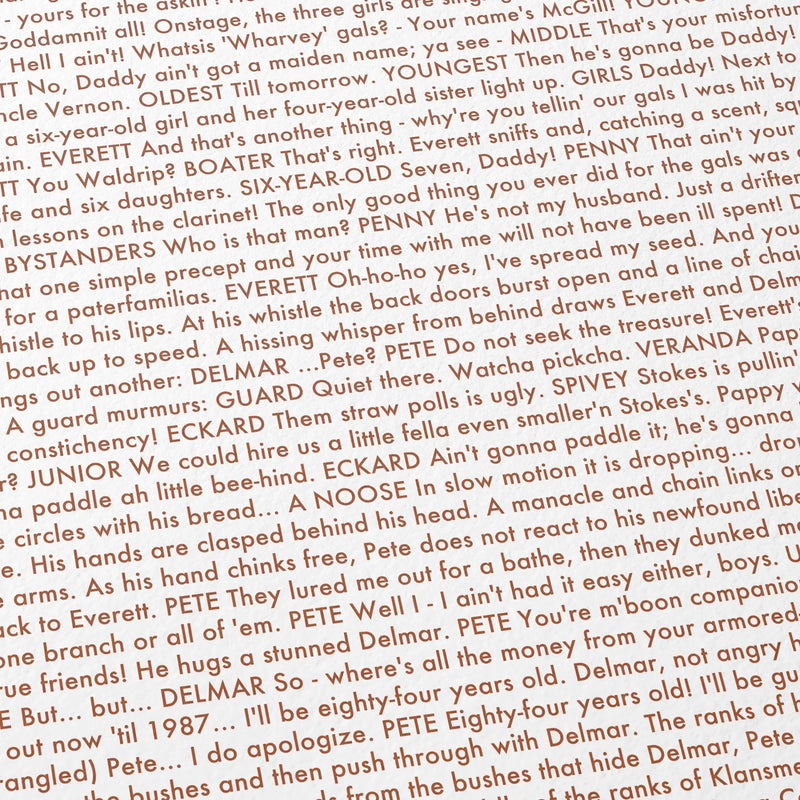 Close-up detail of the O Brother, Where Art Thou? movie script poster showing dense typographic text.
