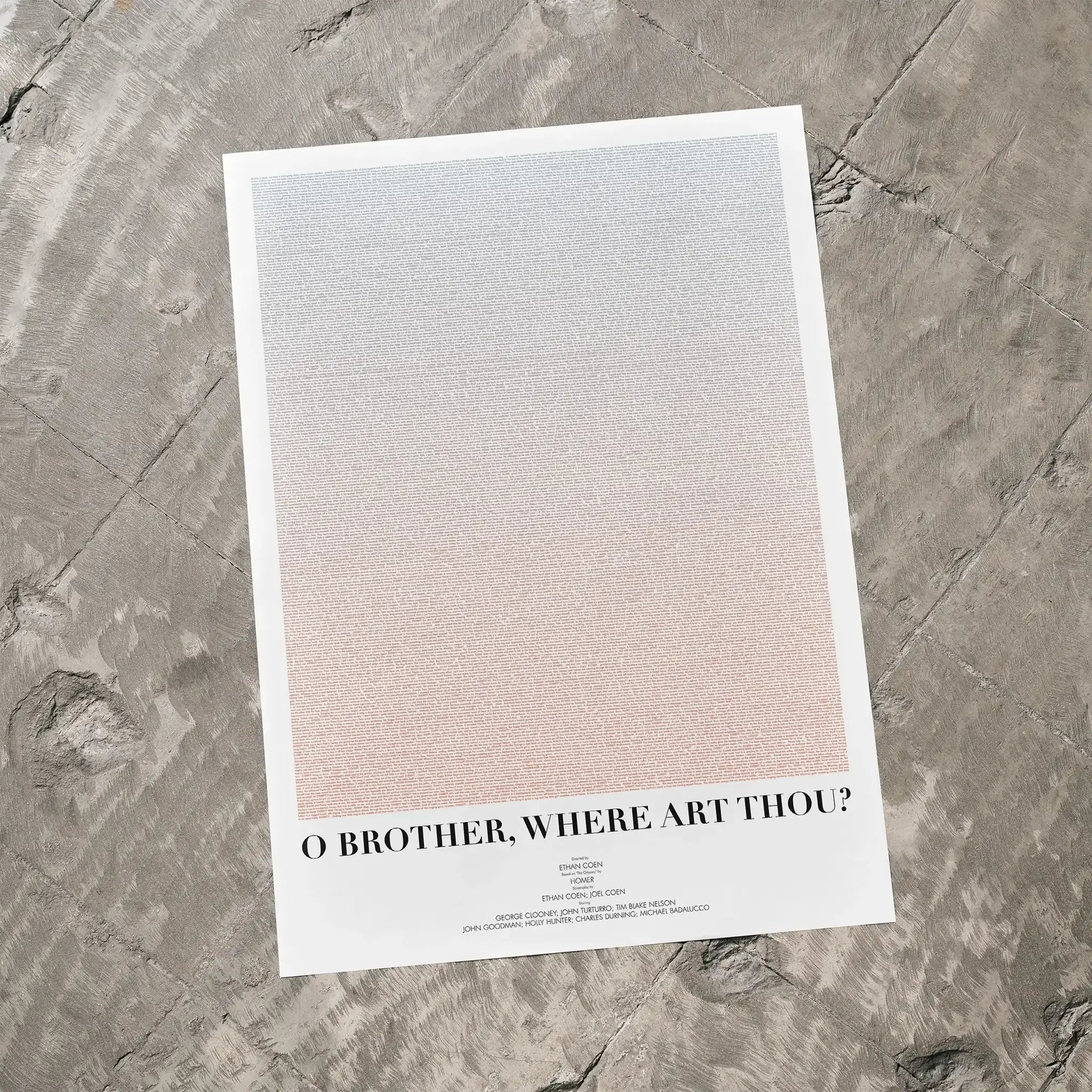 A O Brother, Where Art Thou? movie script poster laid flat on a textured floor surface.