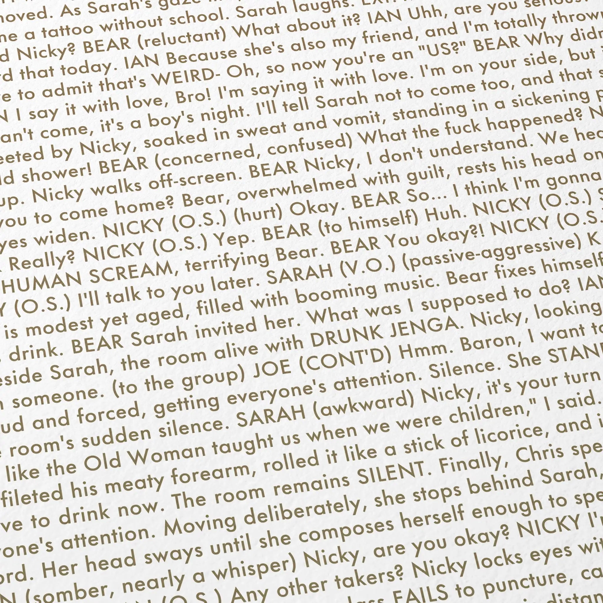 Text from the "Obsession" script with various characters and their lines.