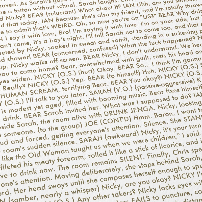 Text from the "Obsession" script with various characters and their lines.