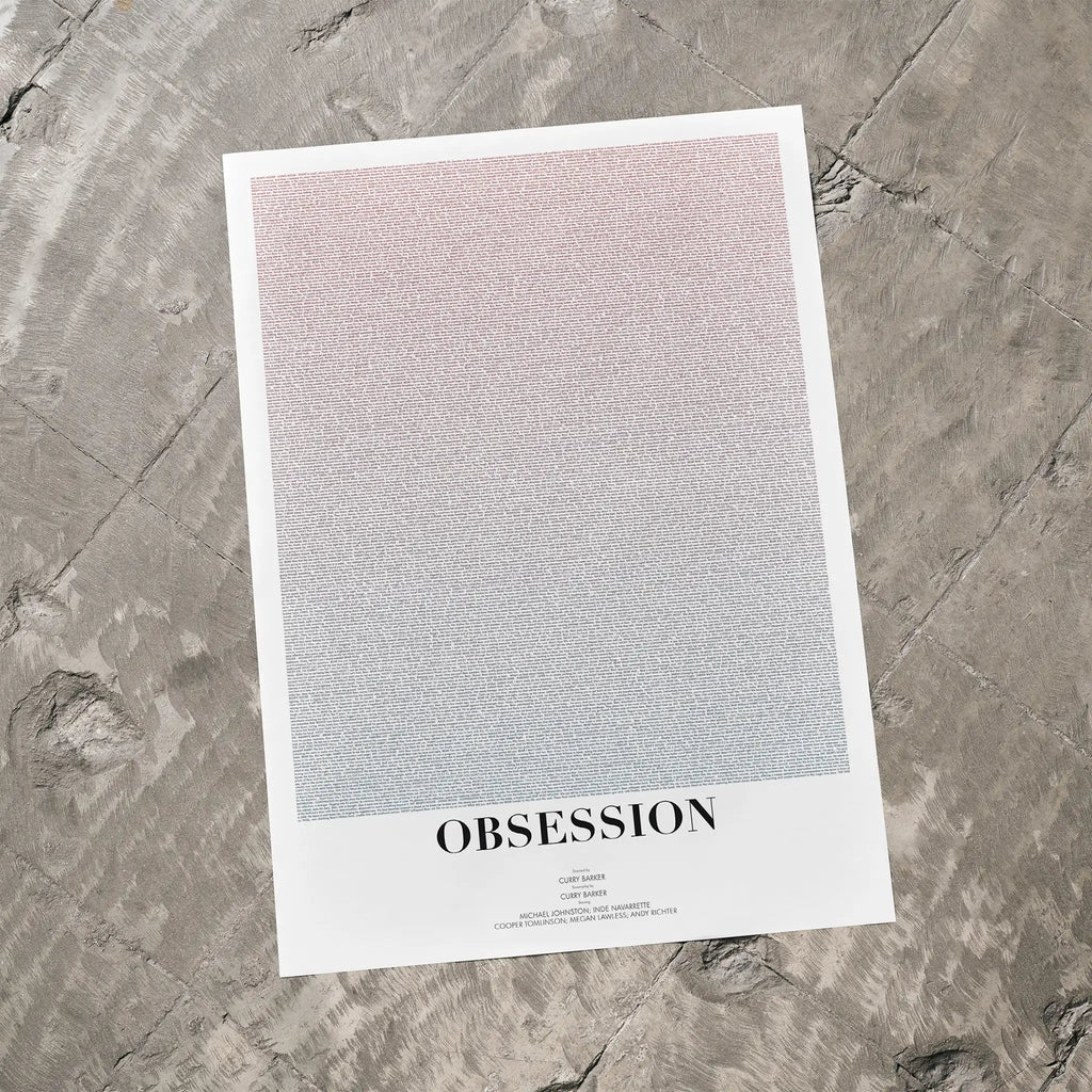 Poster with text 'OBSESSION' on a textured gray surface