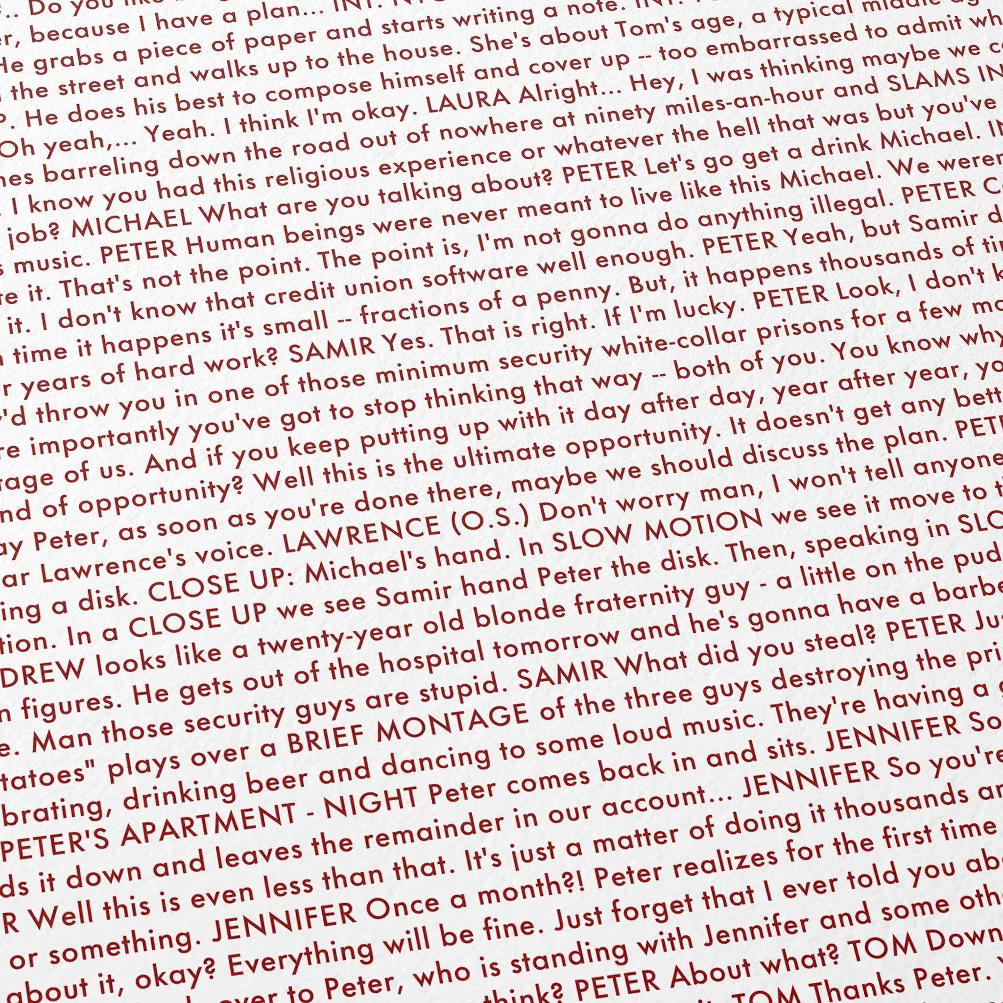 Close-up detail of the Office Space movie script poster showing dense typographic text.