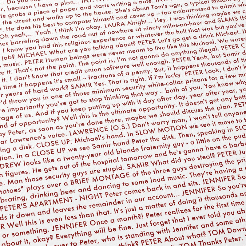 Close-up detail of the Office Space movie script poster showing dense typographic text.