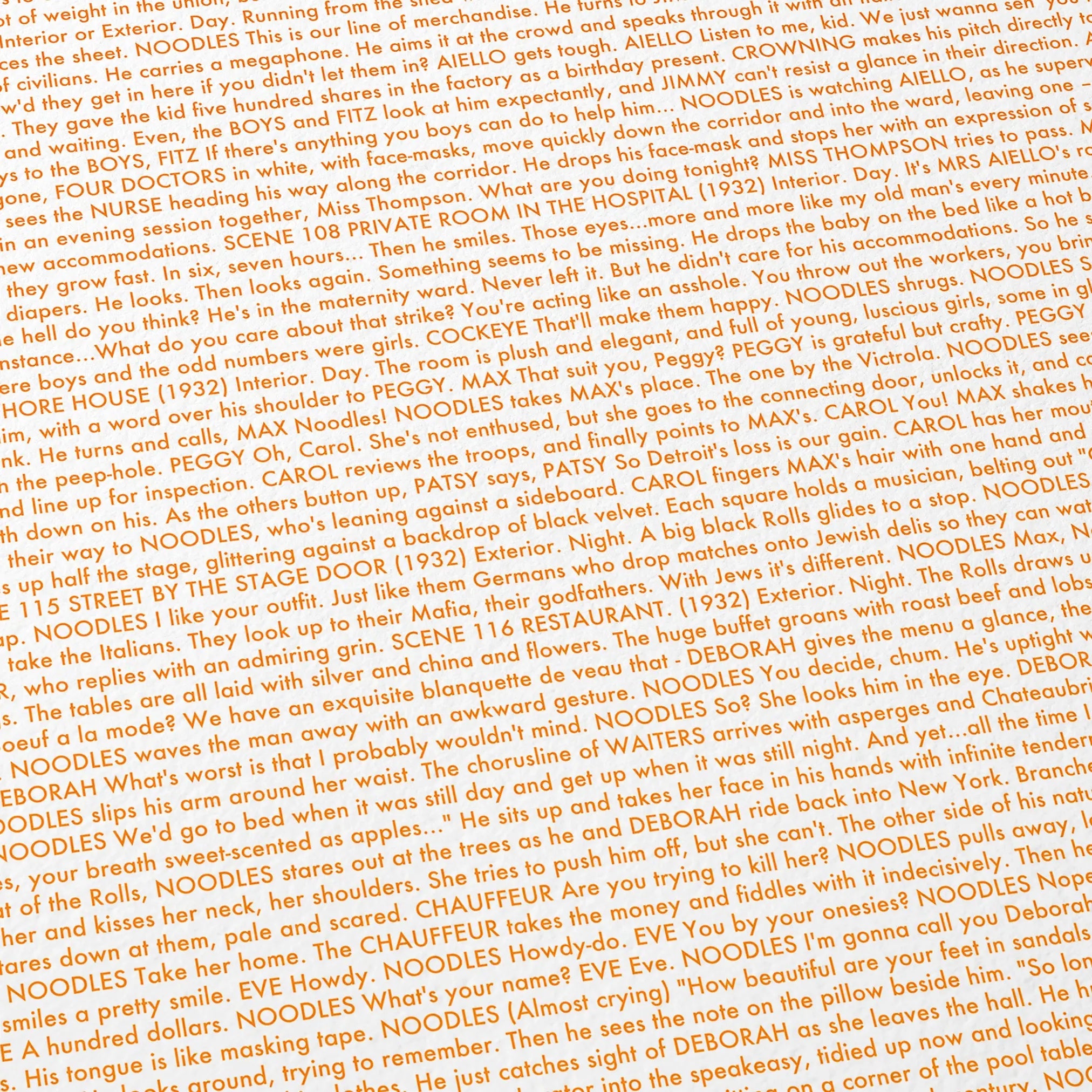 Close-up detail of the Once Upon a Time in America movie script poster showing dense typographic text.