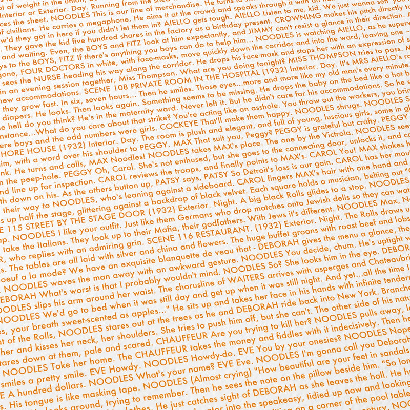 Close-up detail of the Once Upon a Time in America movie script poster showing dense typographic text.