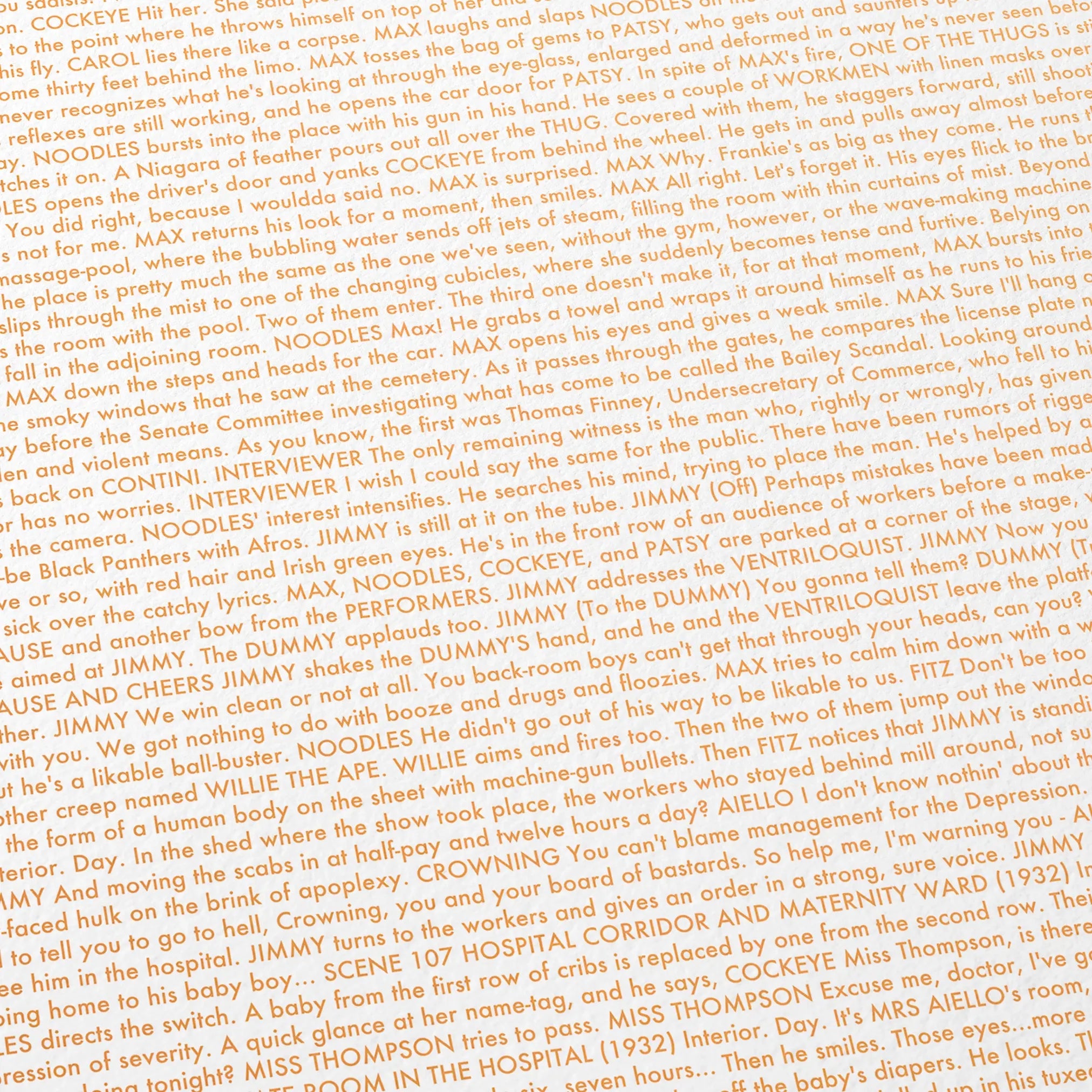Close-up detail of the Once Upon a Time in America movie script poster showing dense typographic text.