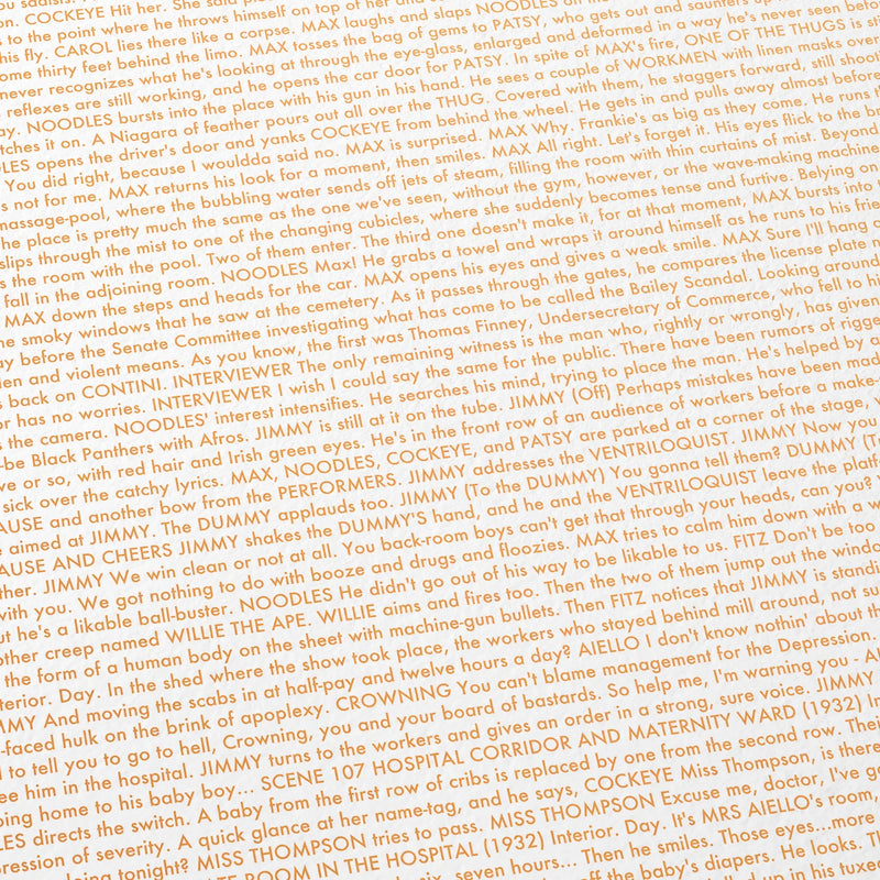 Close-up detail of the Once Upon a Time in America movie script poster showing dense typographic text.