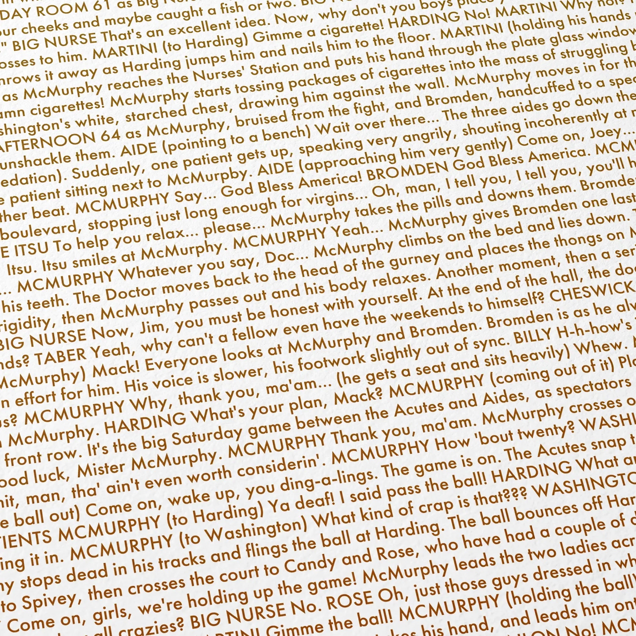 Close-up detail of the One Flew Over the Cuckoo's Nest movie script poster showing dense typographic text.