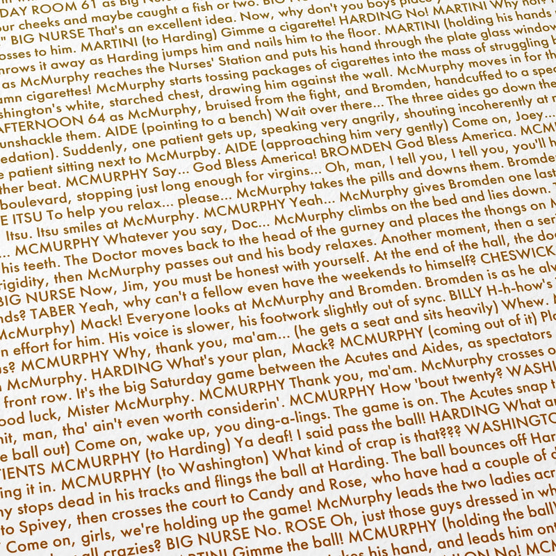 Close-up detail of the One Flew Over the Cuckoo's Nest movie script poster showing dense typographic text.