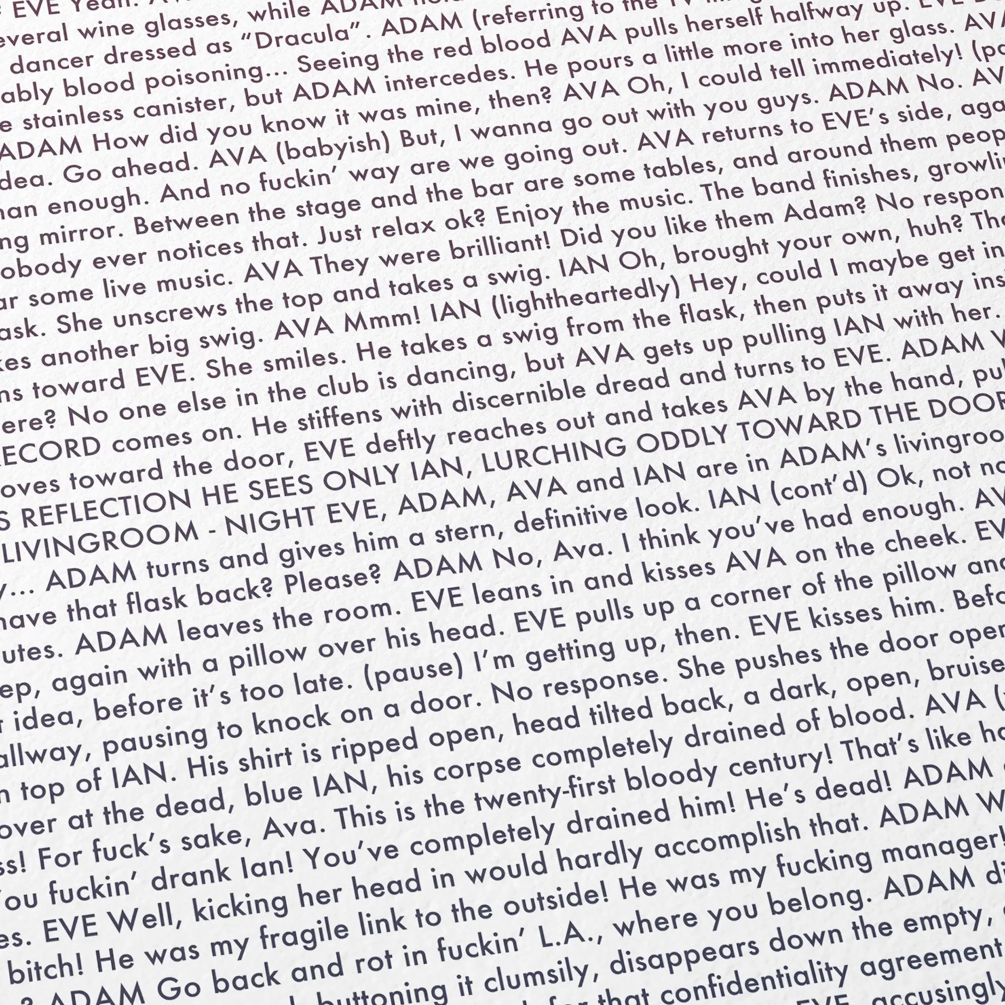 Close-up detail of the Only Lovers Left Alive movie script poster showing dense typographic text.