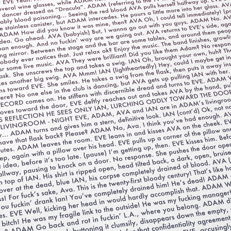 Close-up detail of the Only Lovers Left Alive movie script poster showing dense typographic text.