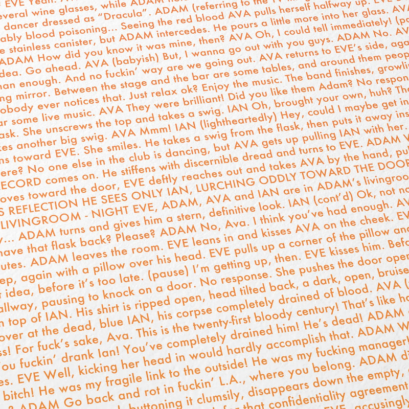 Close-up detail of the Only Lovers Left Alive movie script poster showing dense typographic text.