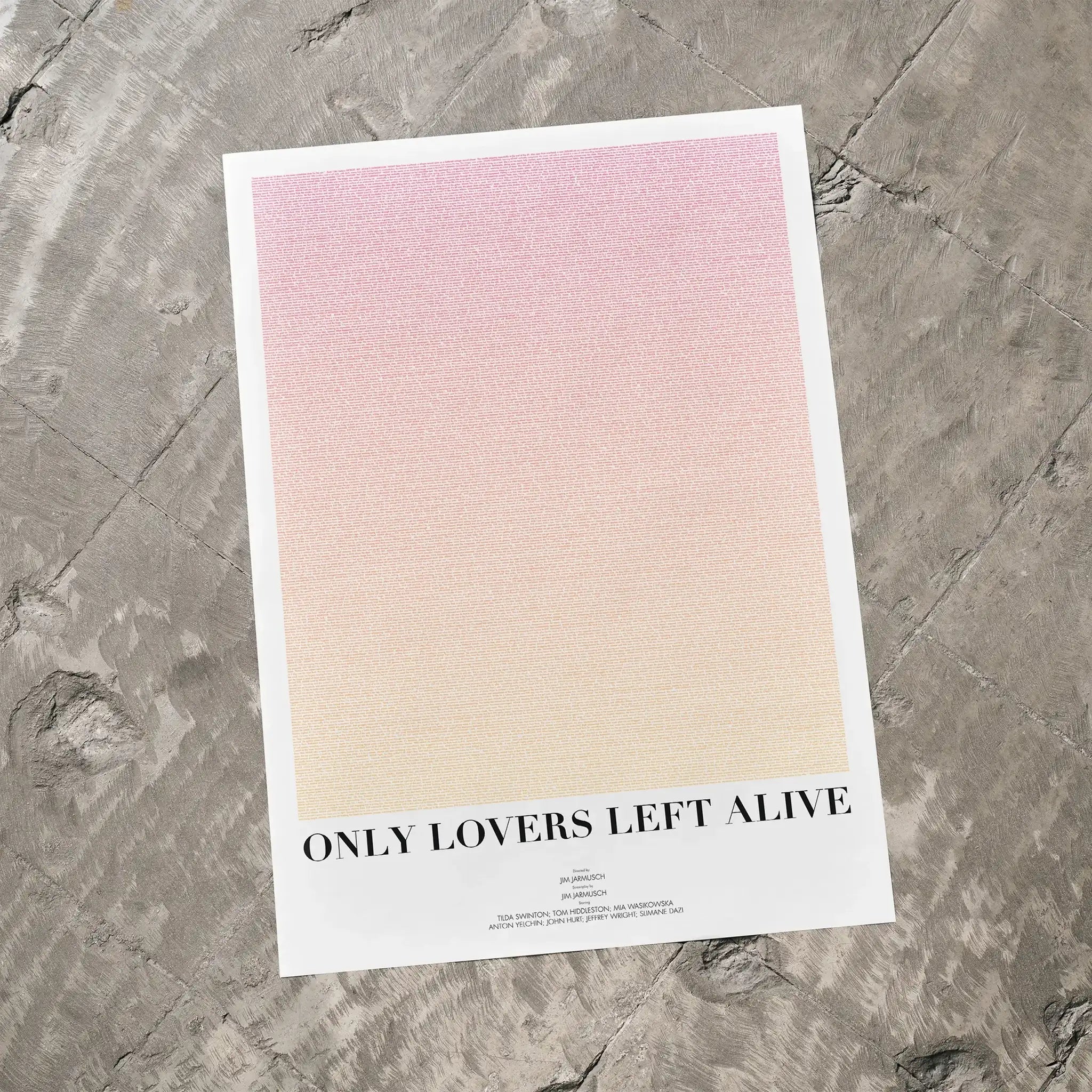 A Only Lovers Left Alive movie script poster laid flat on a textured floor surface.
