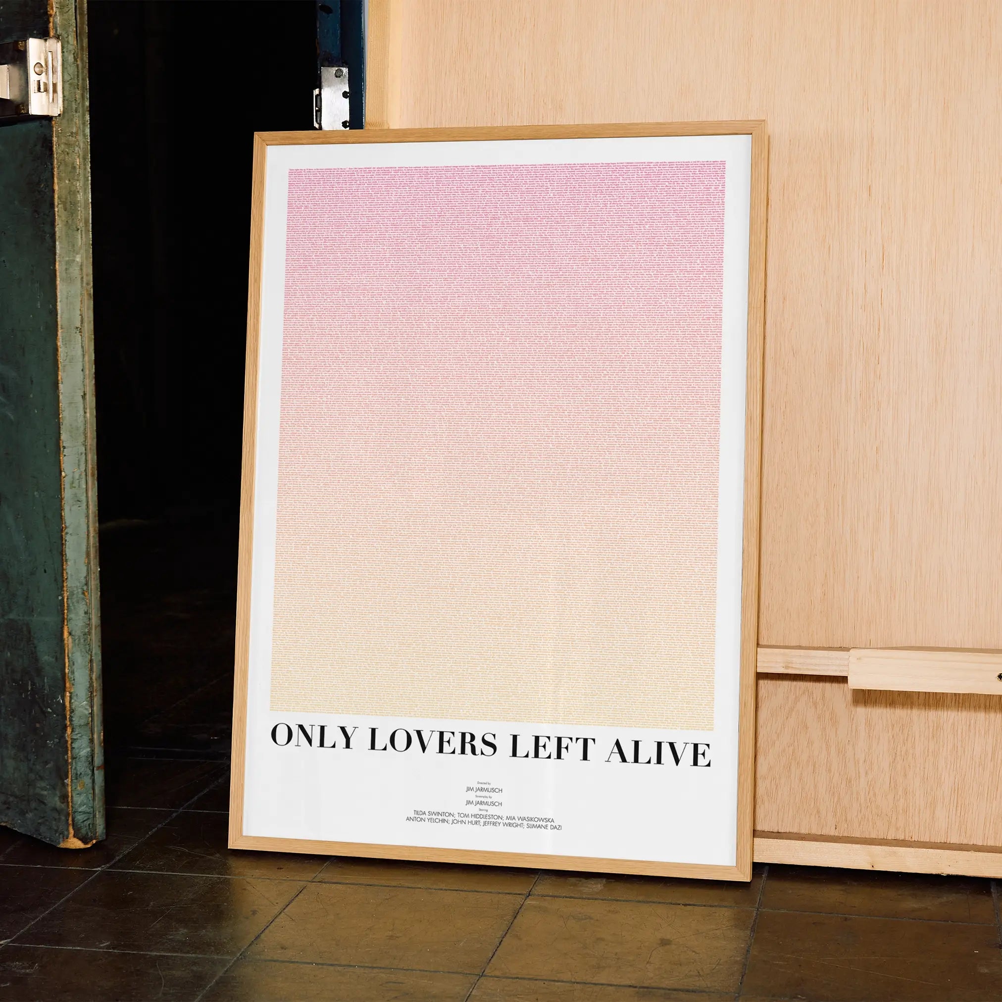 A framed Only Lovers Left Alive movie script poster displayed in a contemporary interior setting.