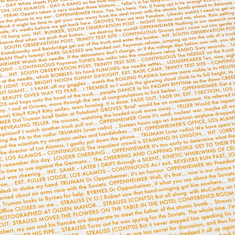 Close-up detail of the Oppenheimer movie script poster showing dense typographic text.