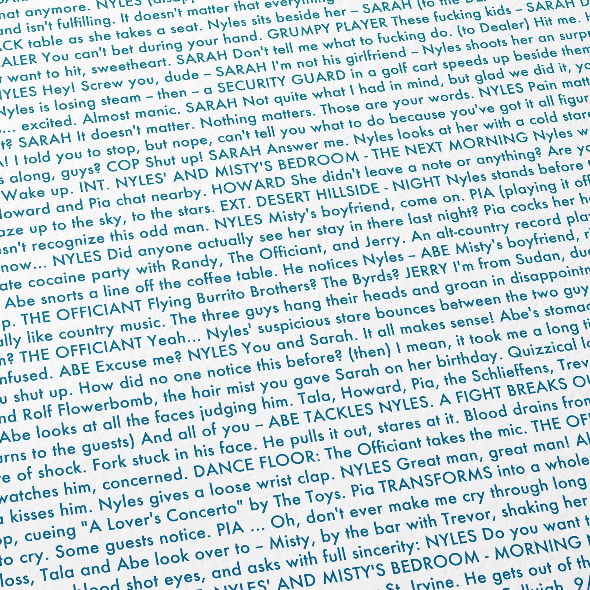 Close-up detail of the Palm Springs movie script poster showing dense typographic text.
