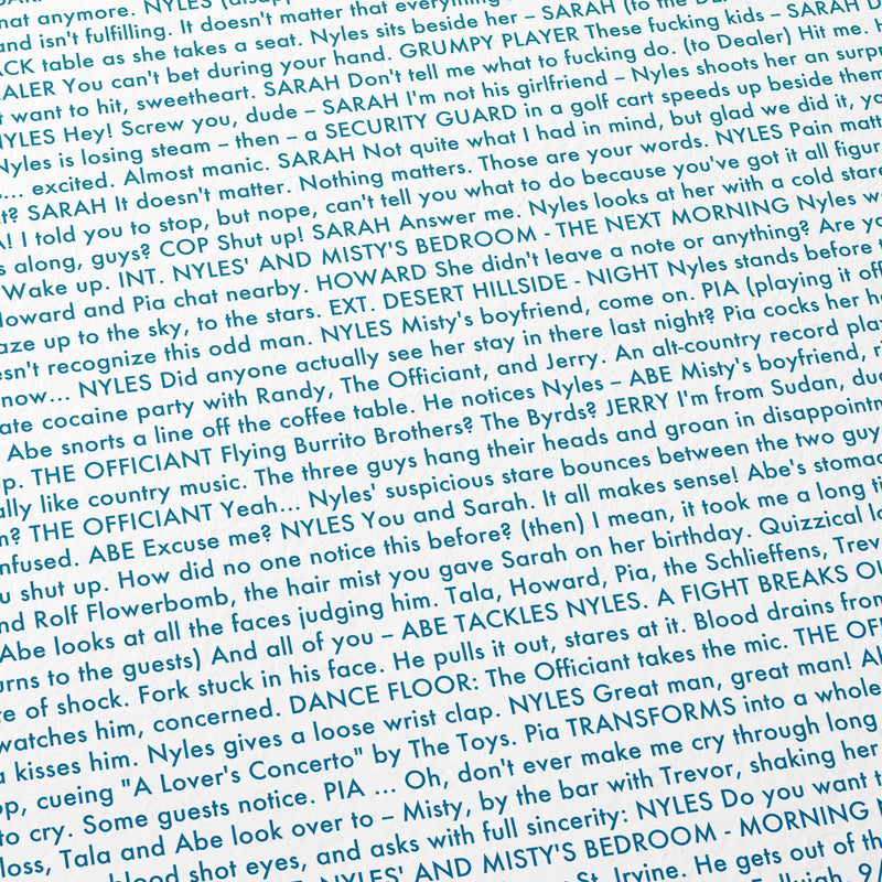 Close-up detail of the Palm Springs movie script poster showing dense typographic text.