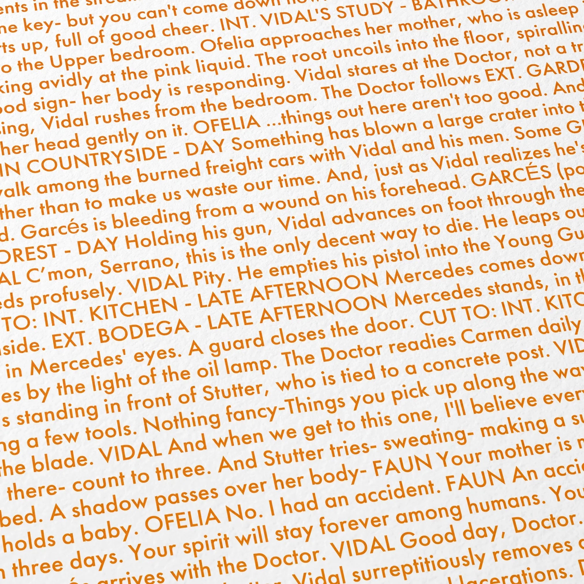 Close-up detail of the Pan's Labyrinth movie script poster showing dense typographic text.