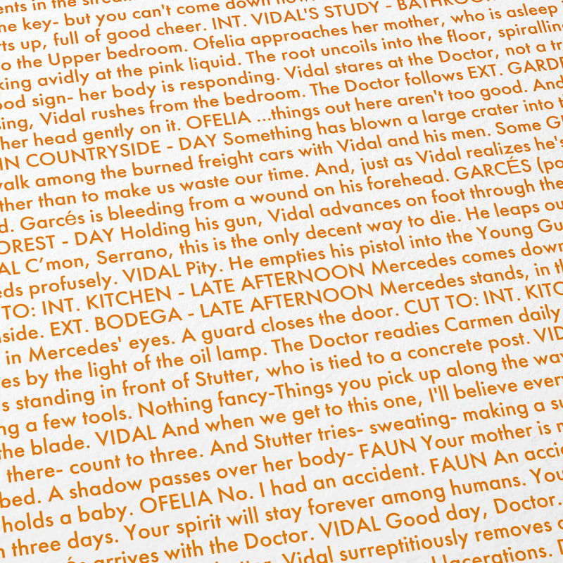 Close-up detail of the Pan's Labyrinth movie script poster showing dense typographic text.
