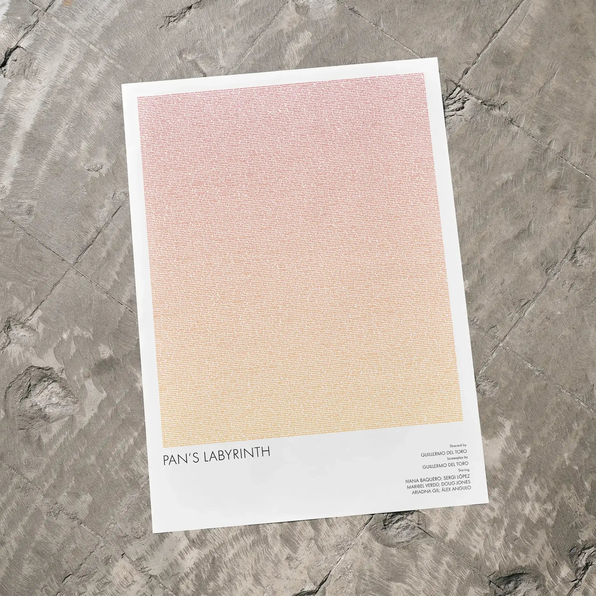 A Pan's Labyrinth movie script poster laid flat on a textured floor surface.