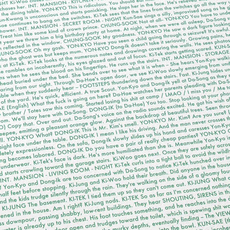 Close-up detail of the Parasite movie script poster showing dense typographic text.