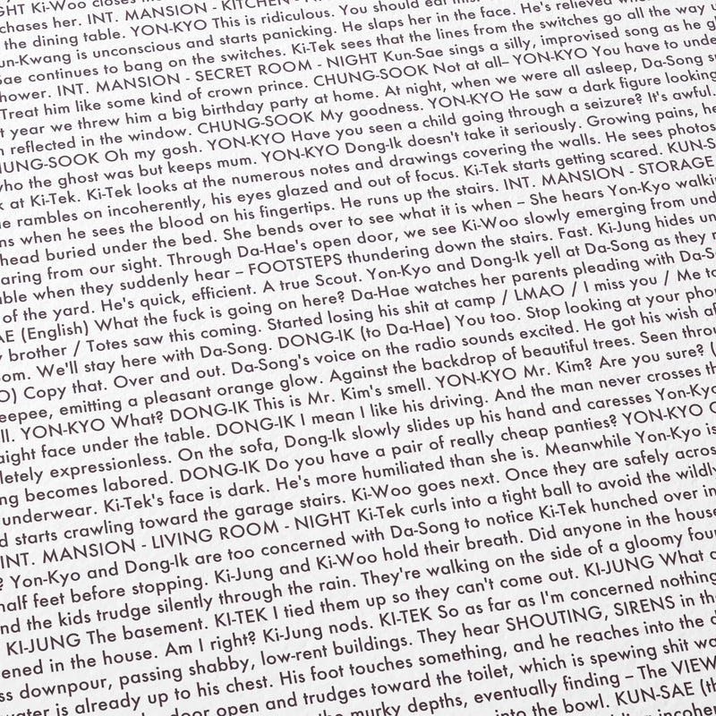 Close-up detail of the Parasite movie script poster showing dense typographic text.