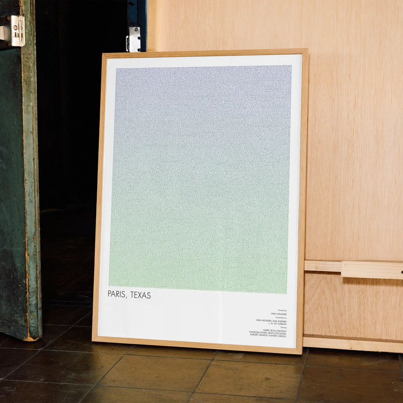A framed Paris, Texas movie script poster leaning against a wooden wall