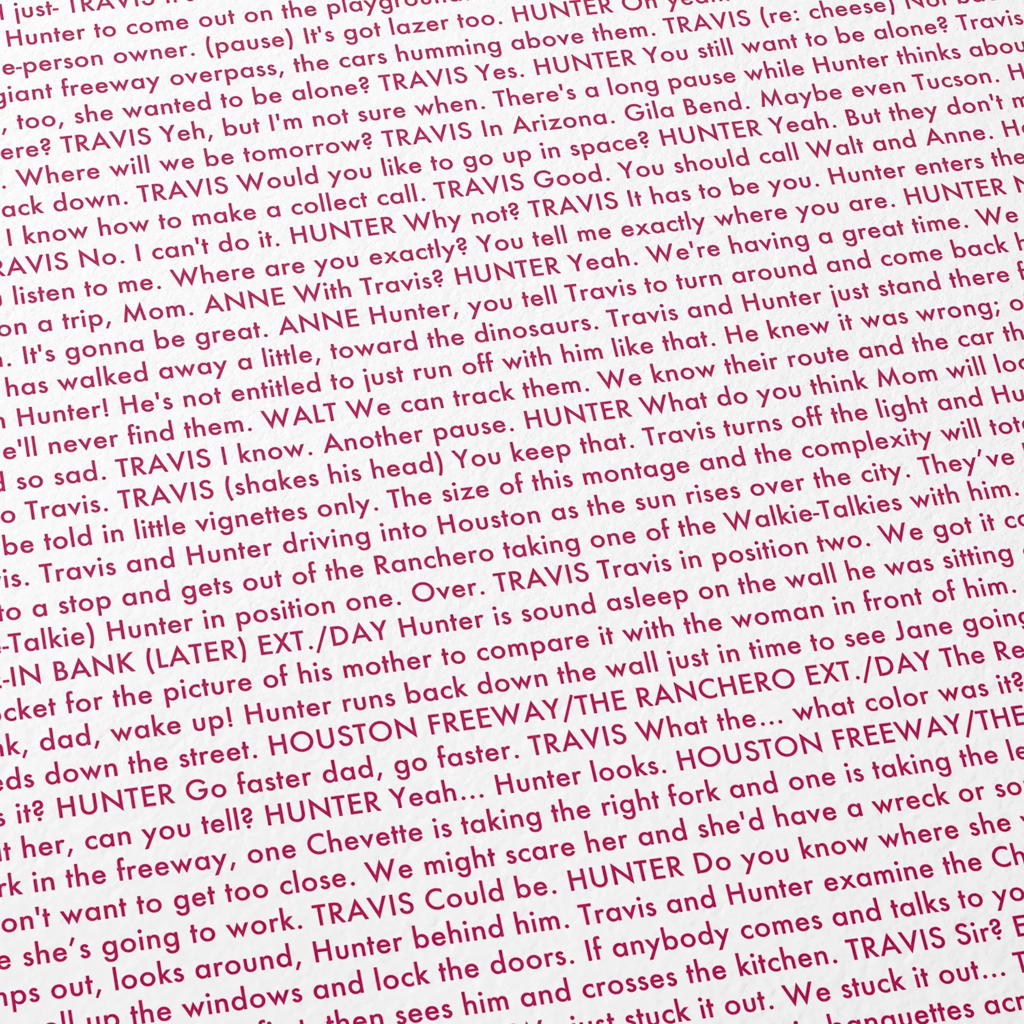Close-up detail of the Paris, Texas movie script poster showing dense typographic text.