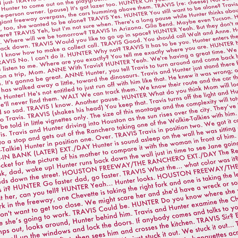 Close-up detail of the Paris, Texas movie script poster showing dense typographic text.