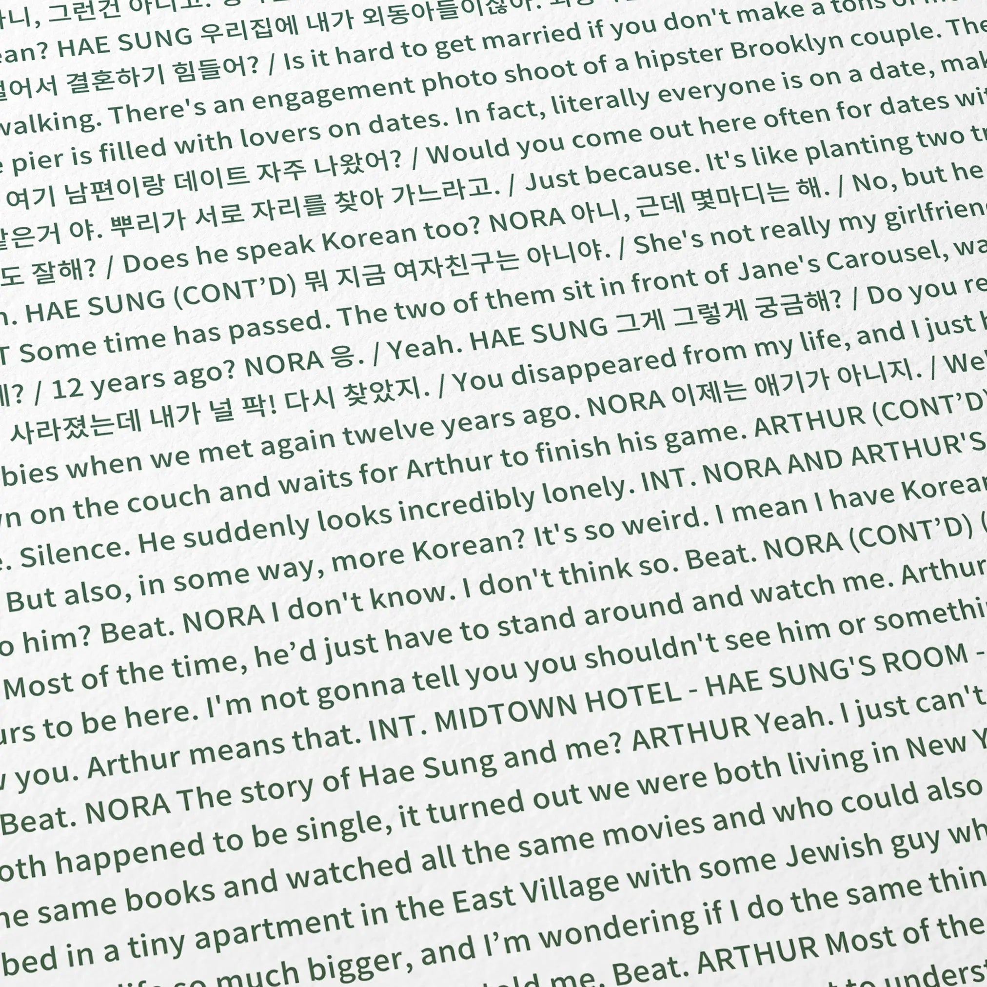 Close-up detail of the Past Lives movie script poster showing dense typographic text.
