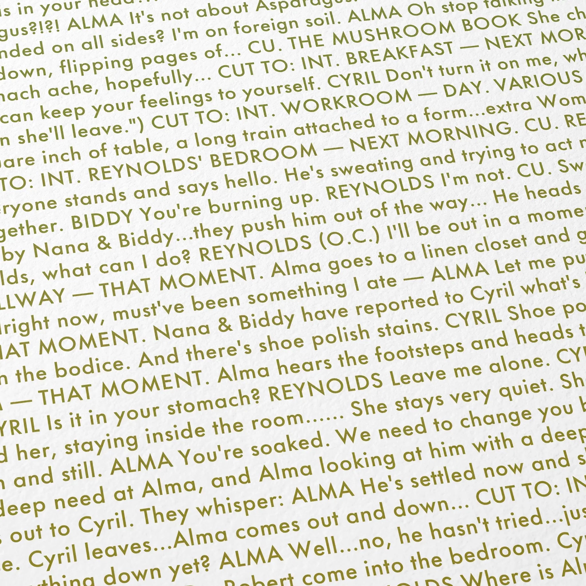 Close-up detail of the Phantom Thread movie script poster showing dense typographic text.