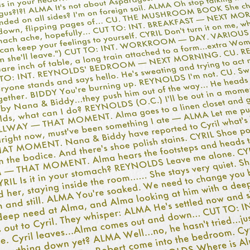 Close-up detail of the Phantom Thread movie script poster showing dense typographic text.