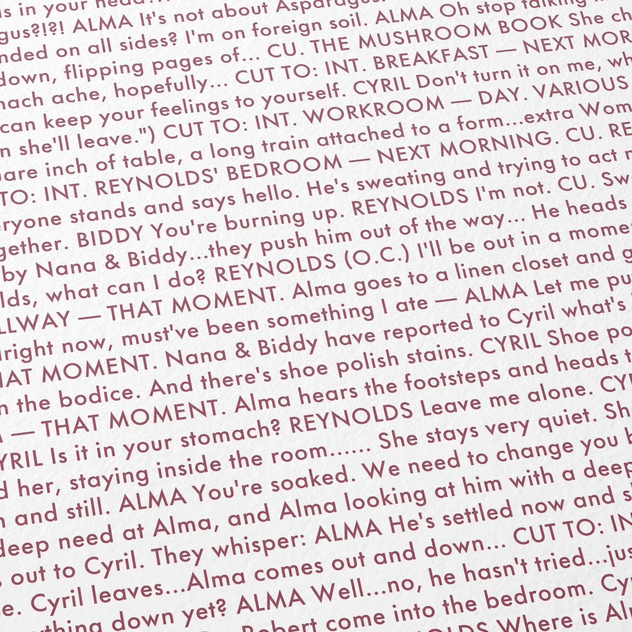 Close-up detail of the Phantom Thread movie script poster showing dense typographic text.