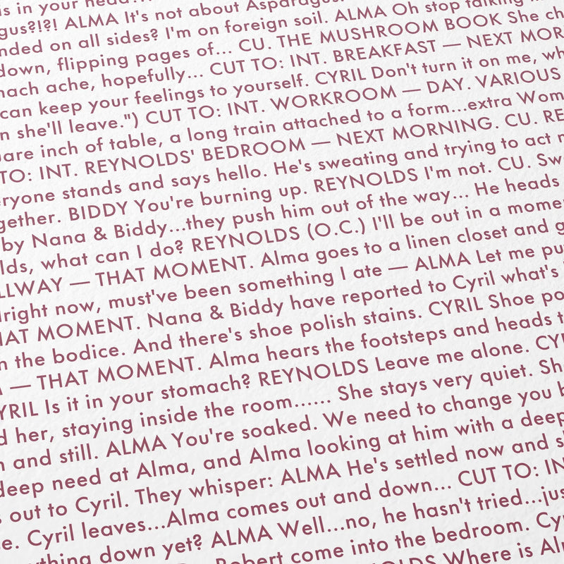 Close-up detail of the Phantom Thread movie script poster showing dense typographic text.