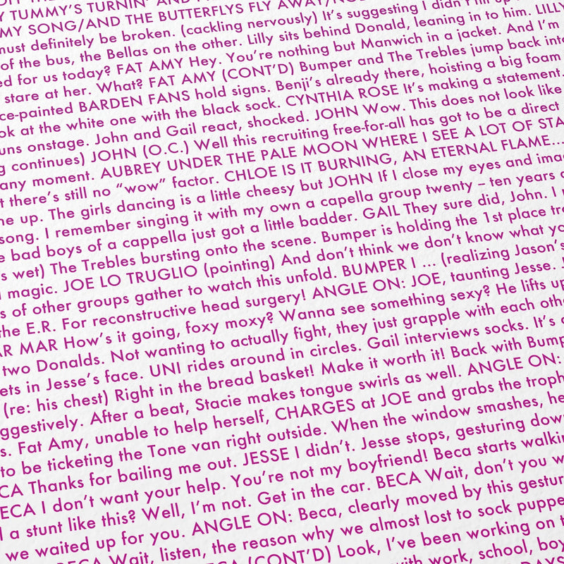 Close-up detail of the Pitch Perfect movie script poster showing dense typographic text.