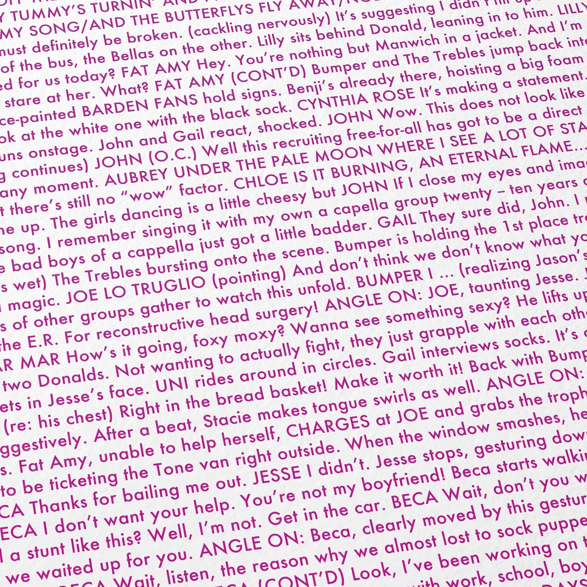 Close-up detail of the Pitch Perfect movie script poster showing dense typographic text.