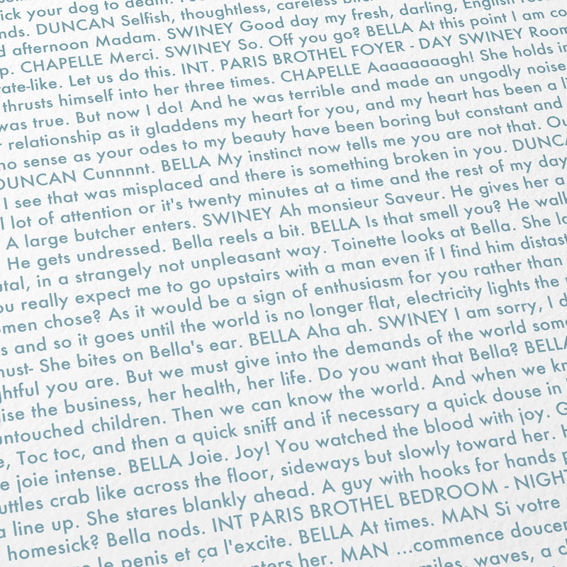 Close-up detail of the Poor Things movie script poster showing dense typographic text.