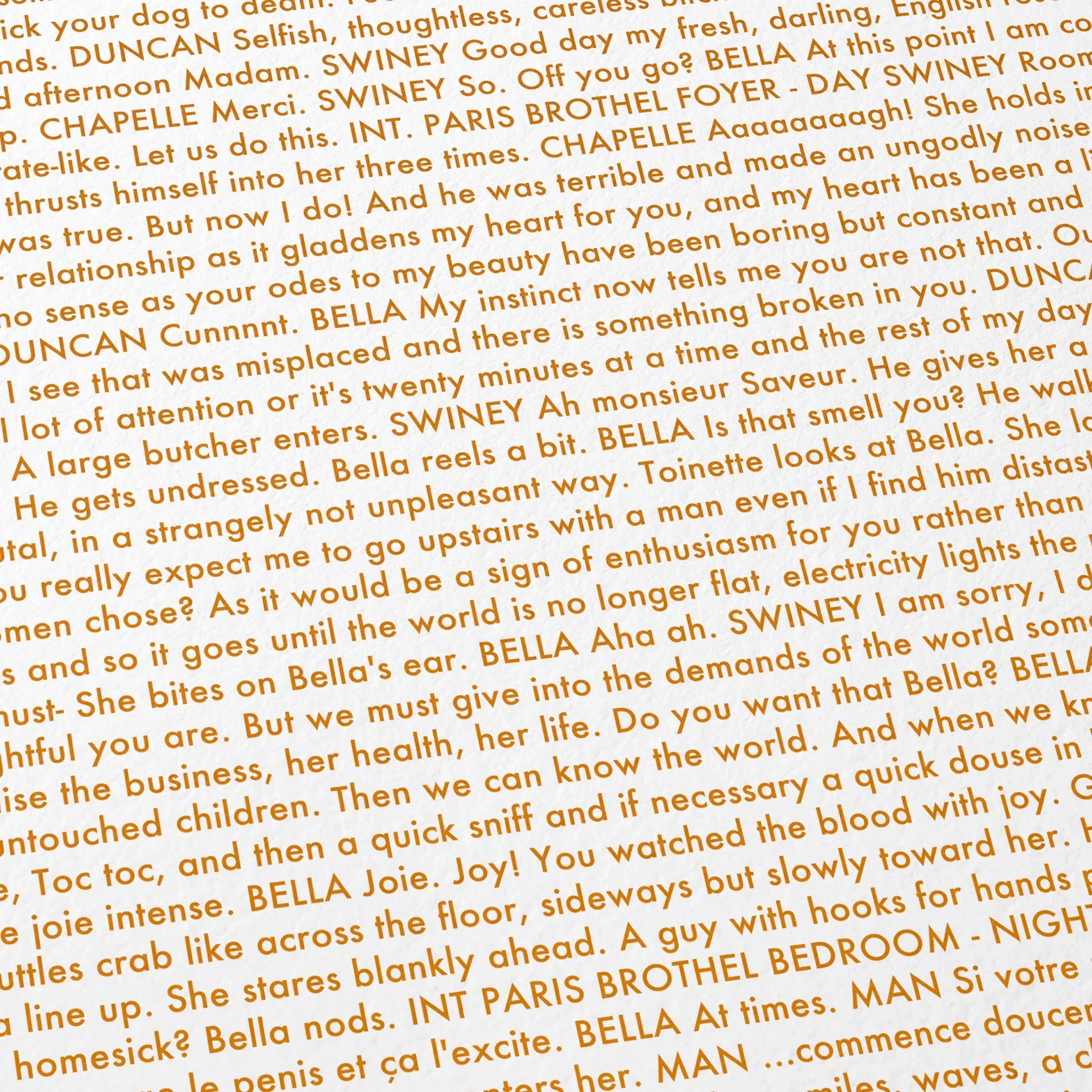 Close-up detail of the Poor Things movie script poster showing dense typographic text.