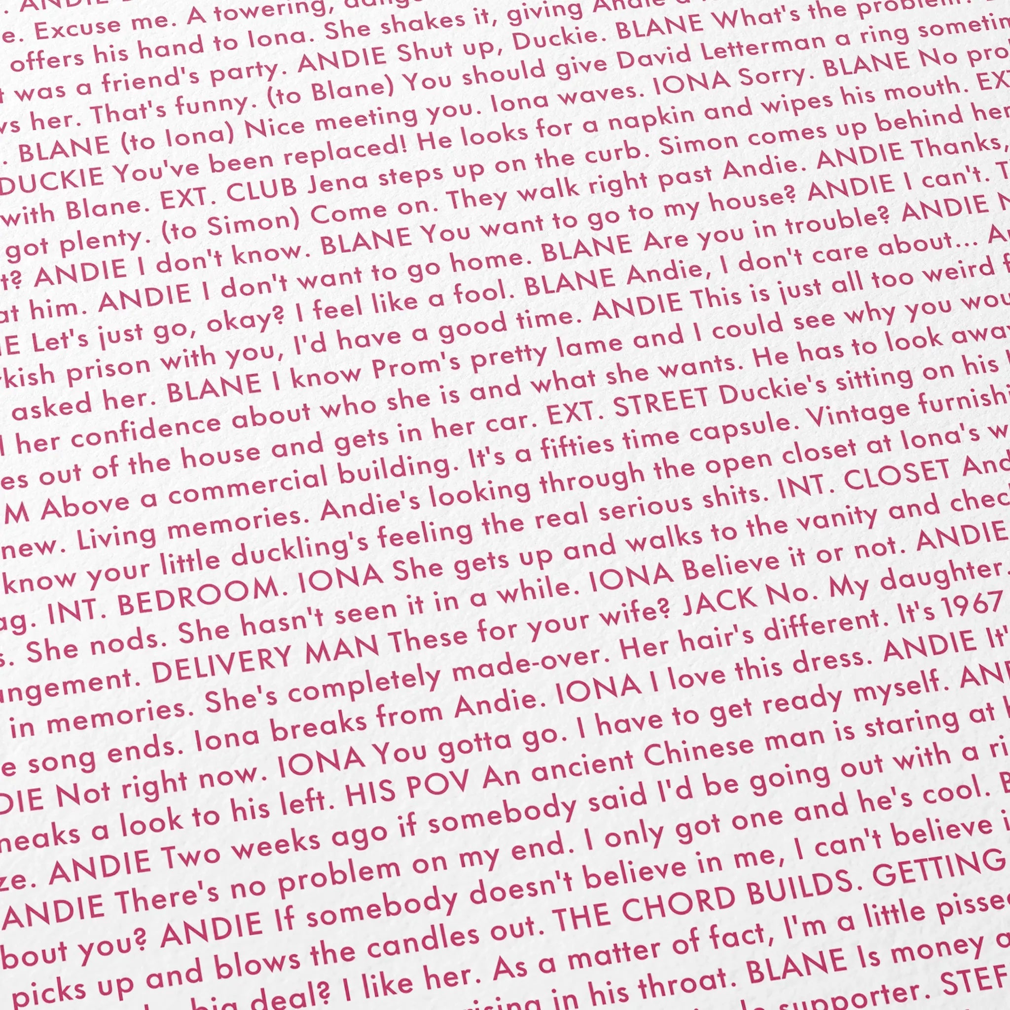 Close-up detail of the Pretty in Pink movie script poster showing dense typographic text.