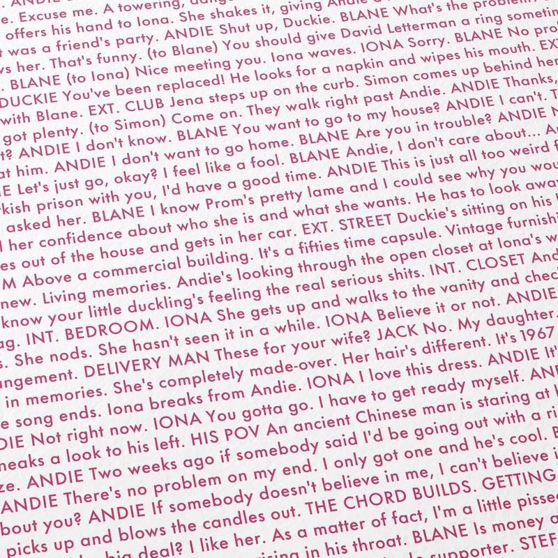 Close-up detail of the Pretty in Pink movie script poster showing dense typographic text.