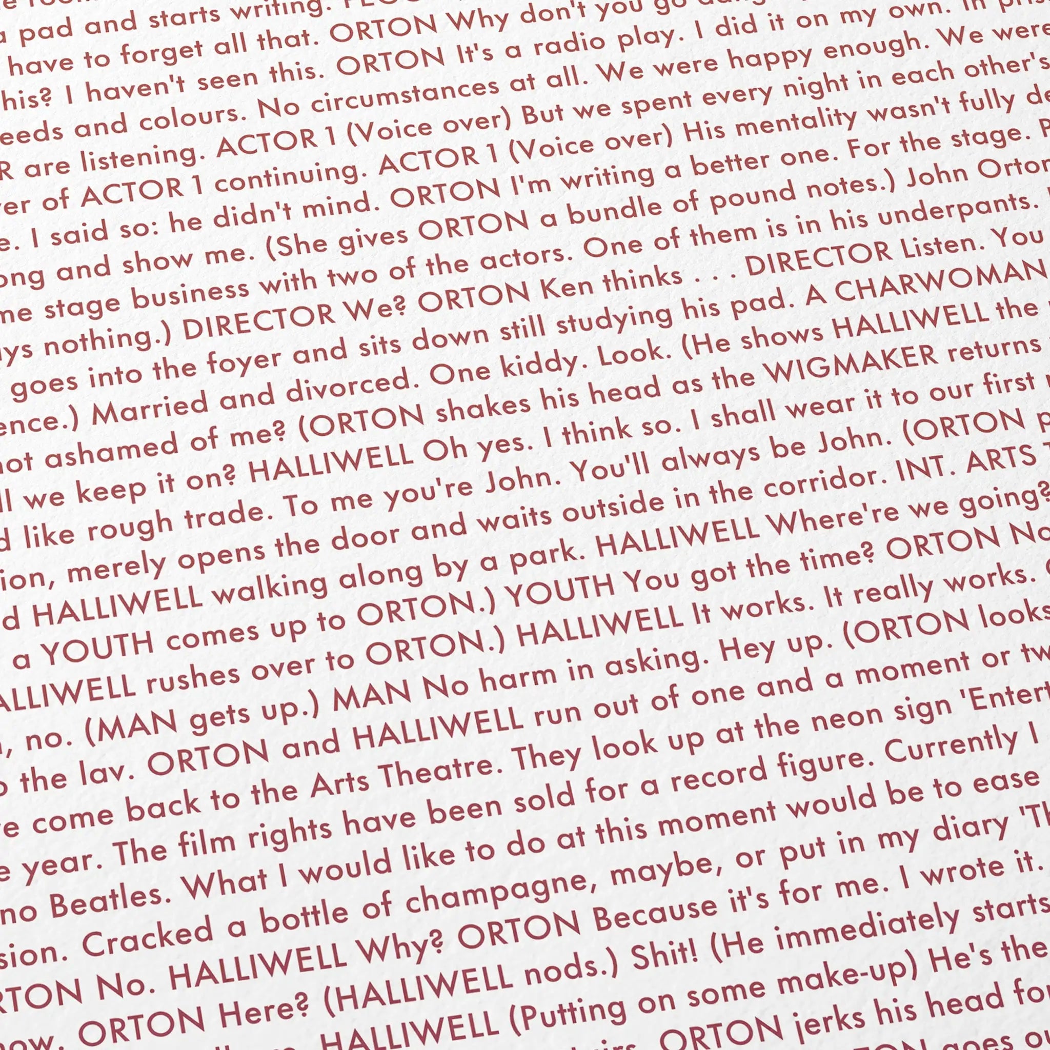 Close-up detail of the Prick Up Your Ears movie script poster showing dense typographic text.