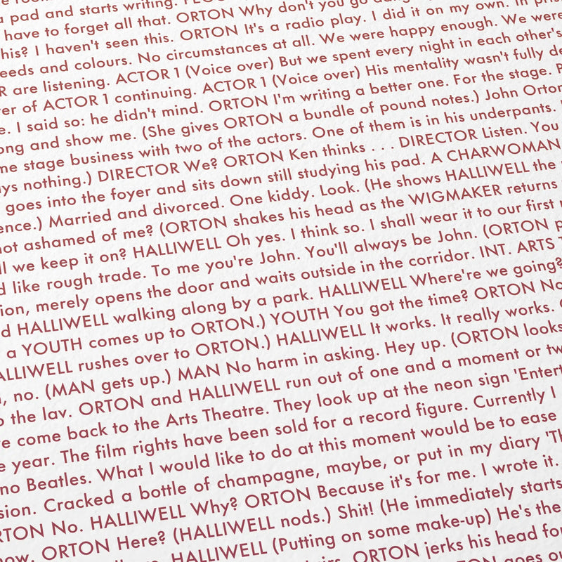 Close-up detail of the Prick Up Your Ears movie script poster showing dense typographic text.