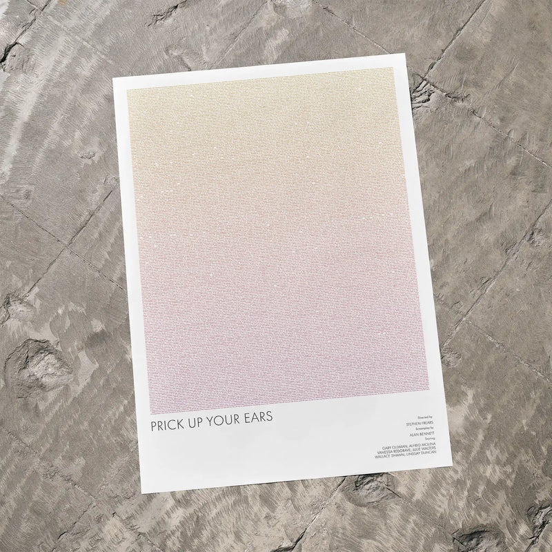 A Prick Up Your Ears movie script poster laid flat on a textured floor surface.