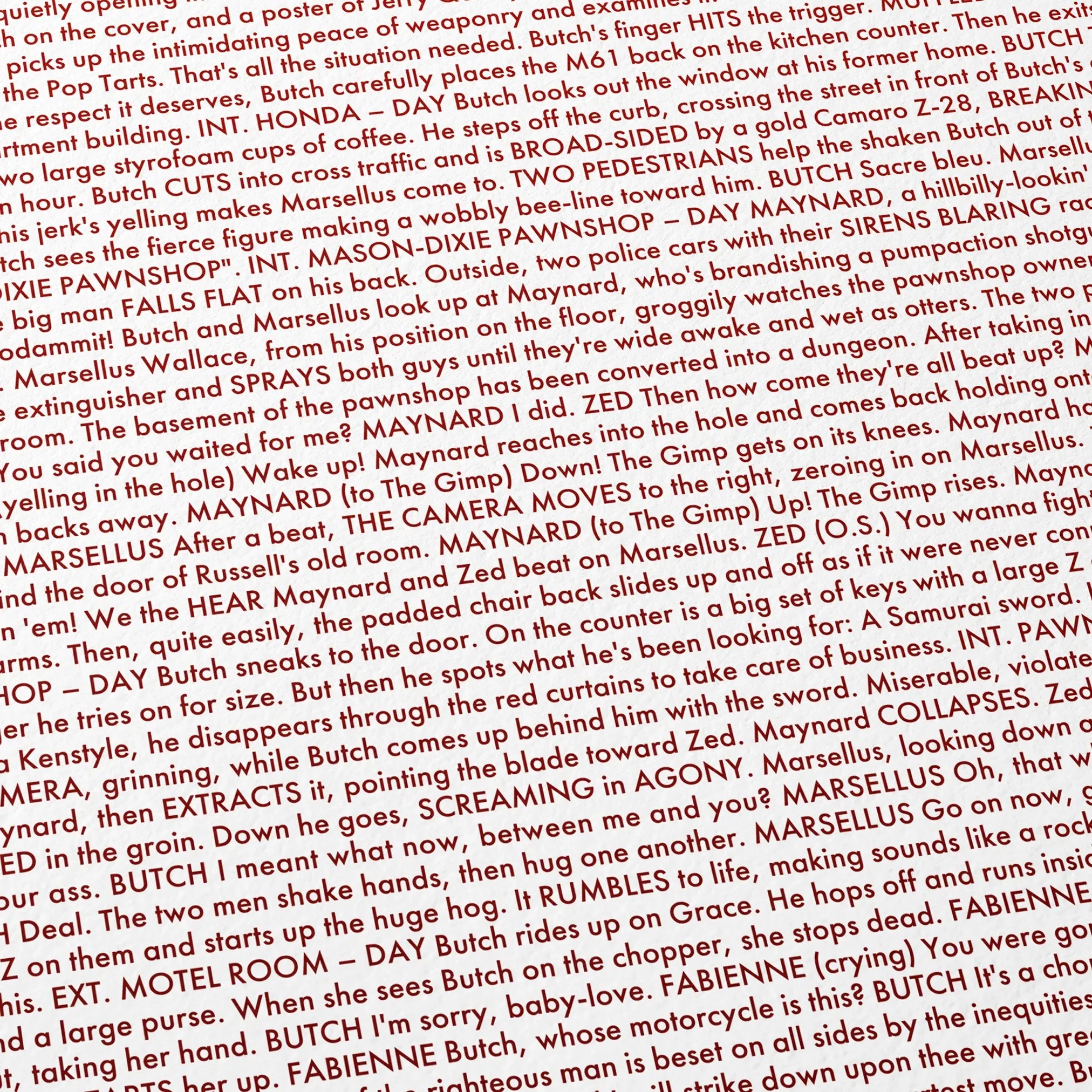 Close-up detail of the Pulp Fiction movie script poster showing dense typographic text.