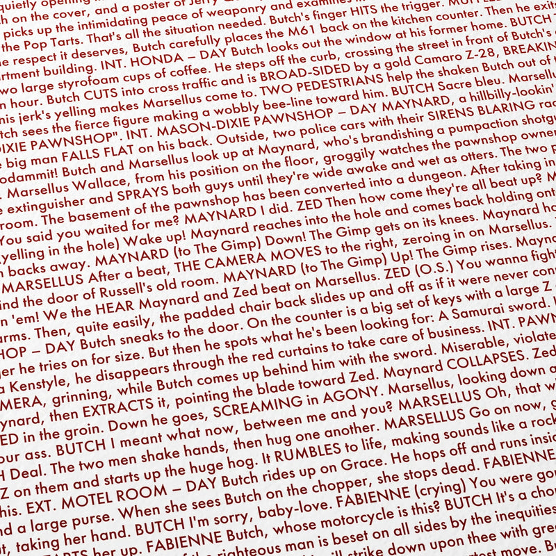 Close-up detail of the Pulp Fiction movie script poster showing dense typographic text.