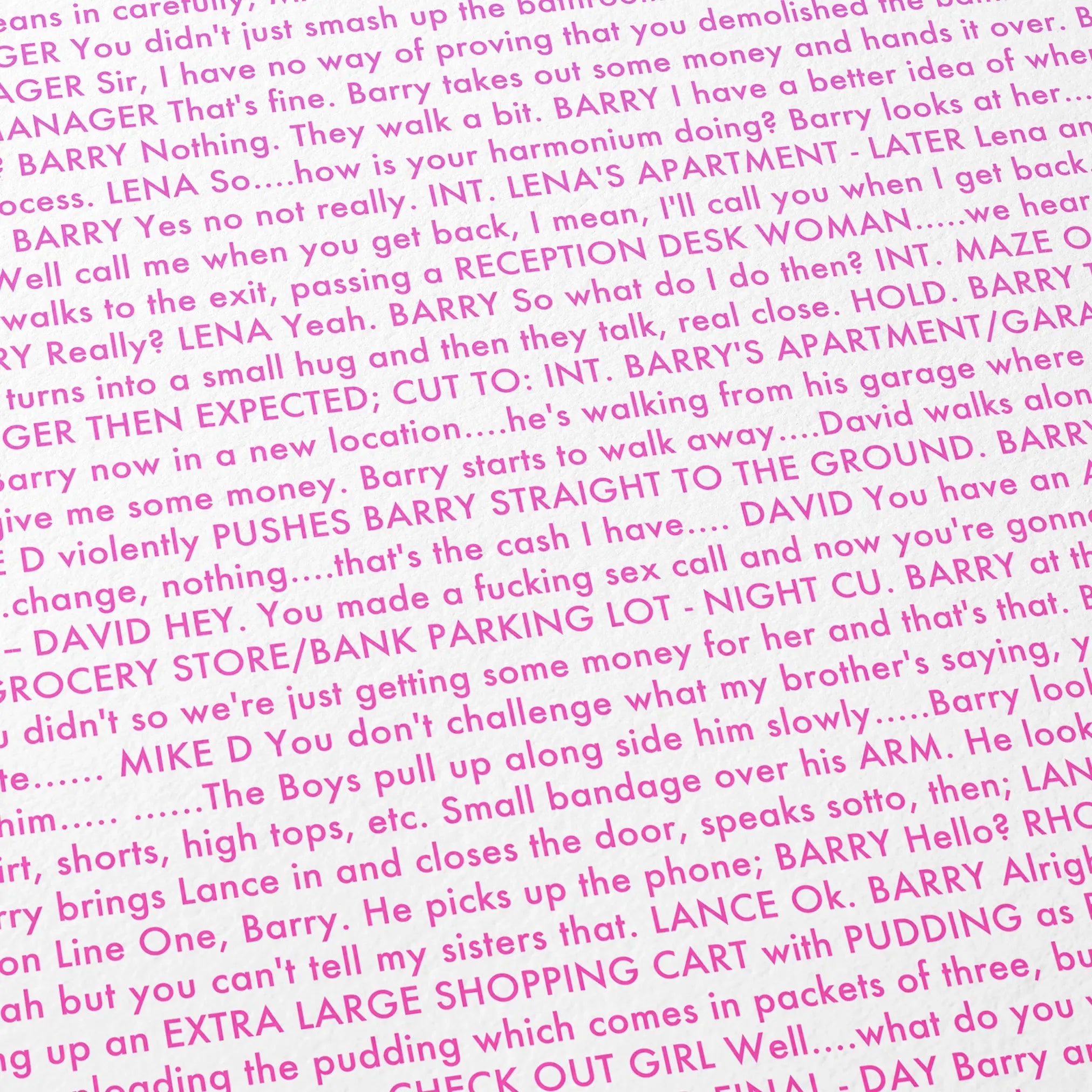 Close-up detail of the Punch-Drunk Love movie script poster showing dense typographic text.